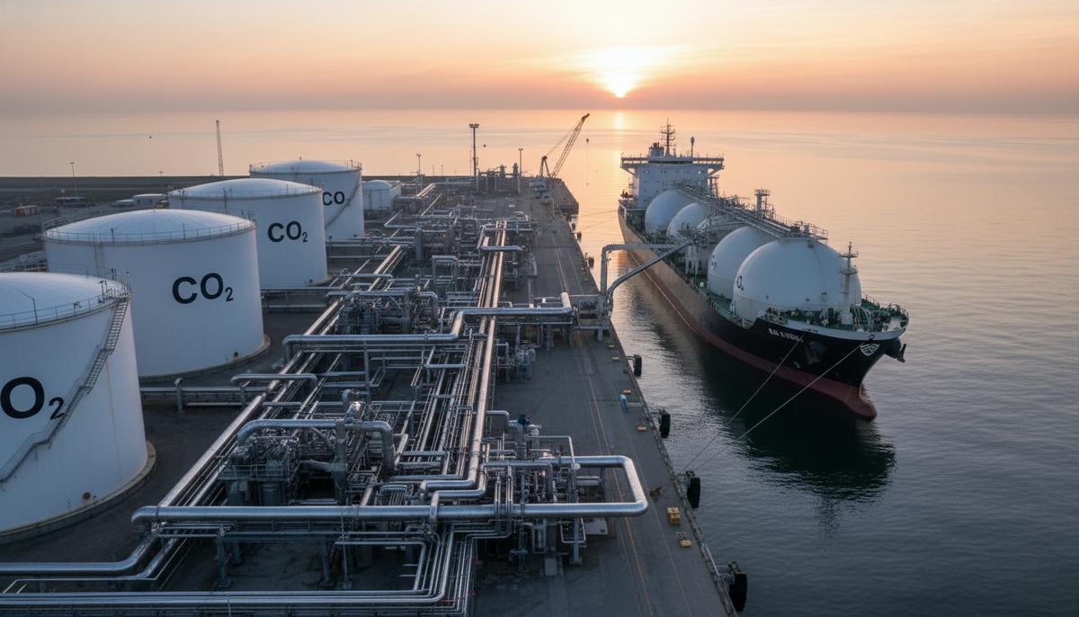 Промышленный порт на побережье Северного моря с терминалом для хранения CO2 и пришвартованным газовозом.