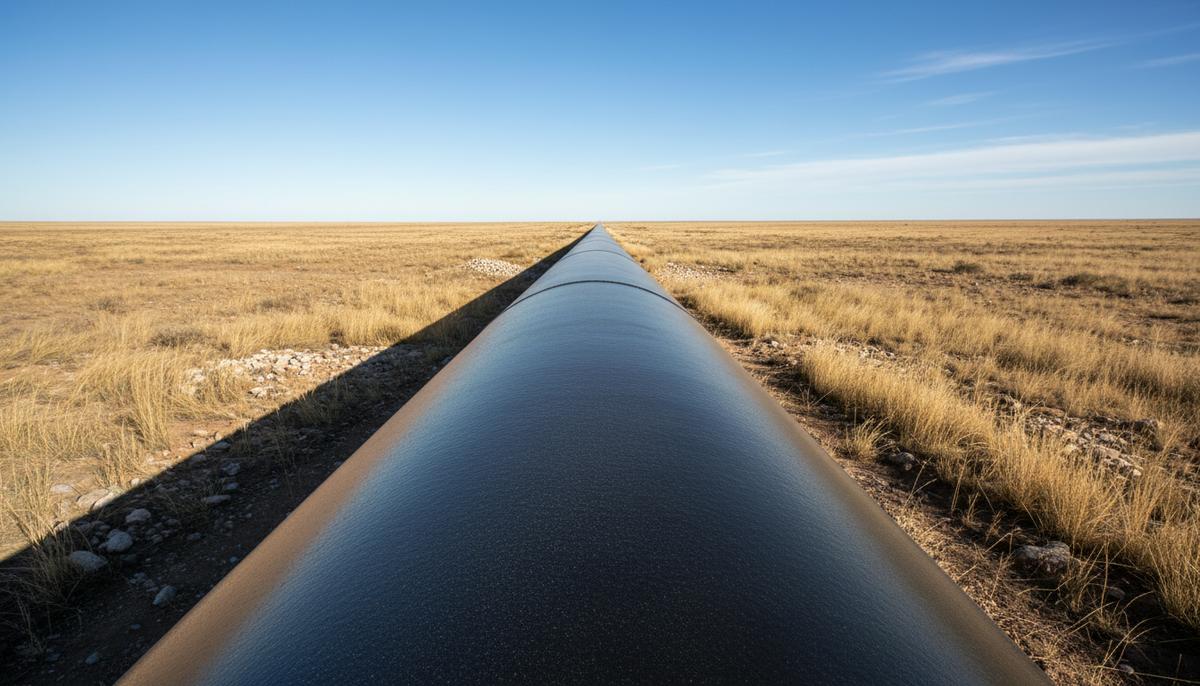Новый стальной магистральный трубопровод с темным защитным антикоррозийным покрытием, пролегающий через полевой ландшафт.
