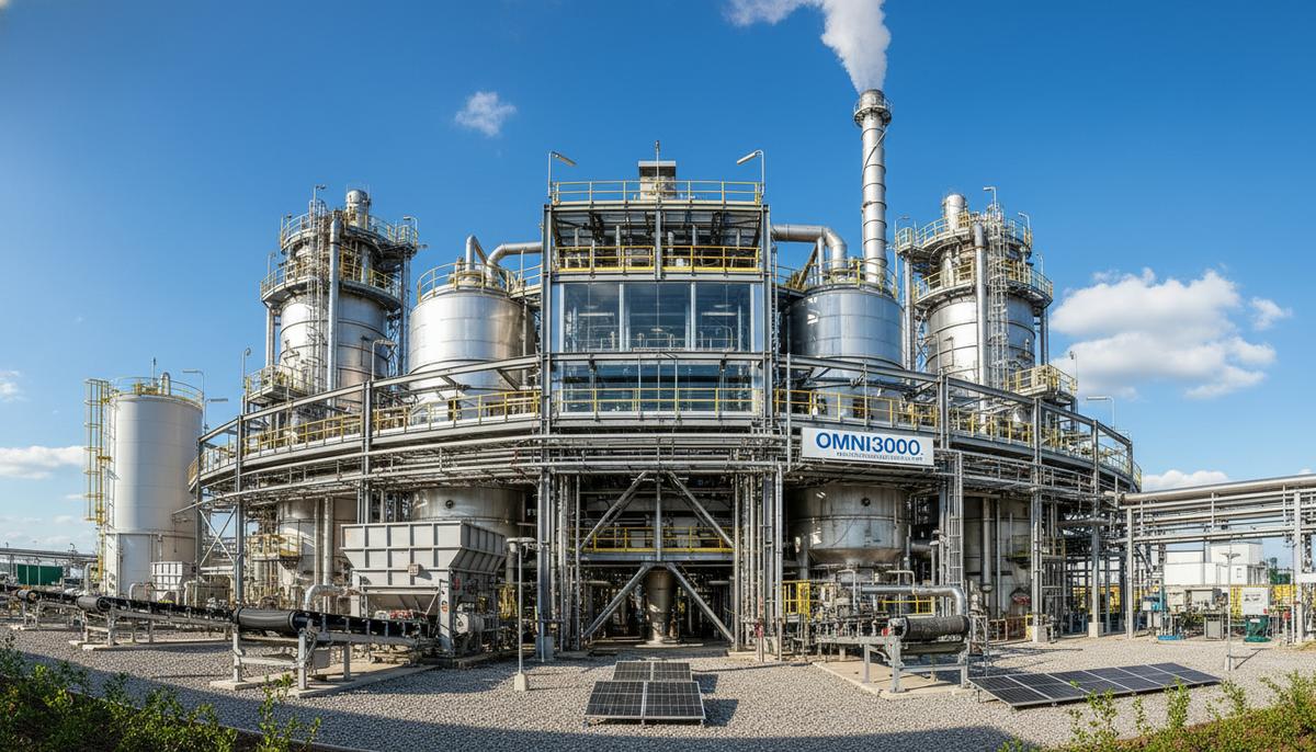 Современный завод по переработке твердых бытовых отходов в синтез-газ. Комплекс стальных труб и реакторов на фоне чистого неба.