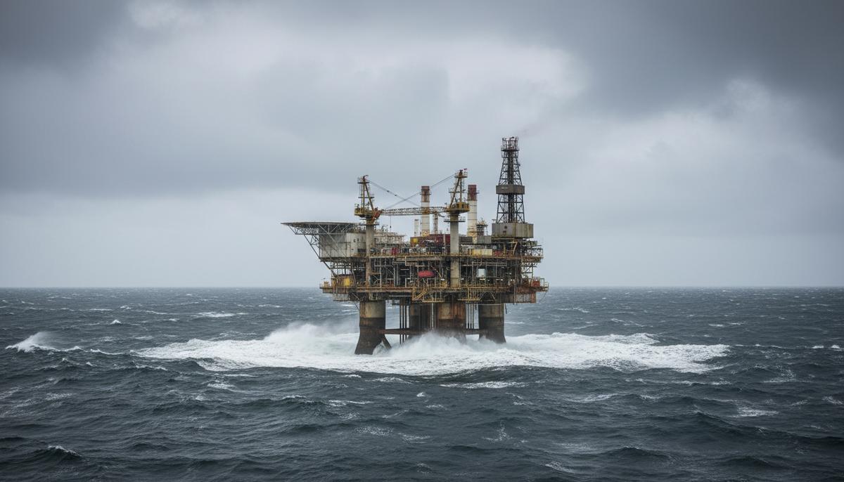 Морская нефтегазовая платформа Brage в суровых водах Северного моря под пасмурным небом.