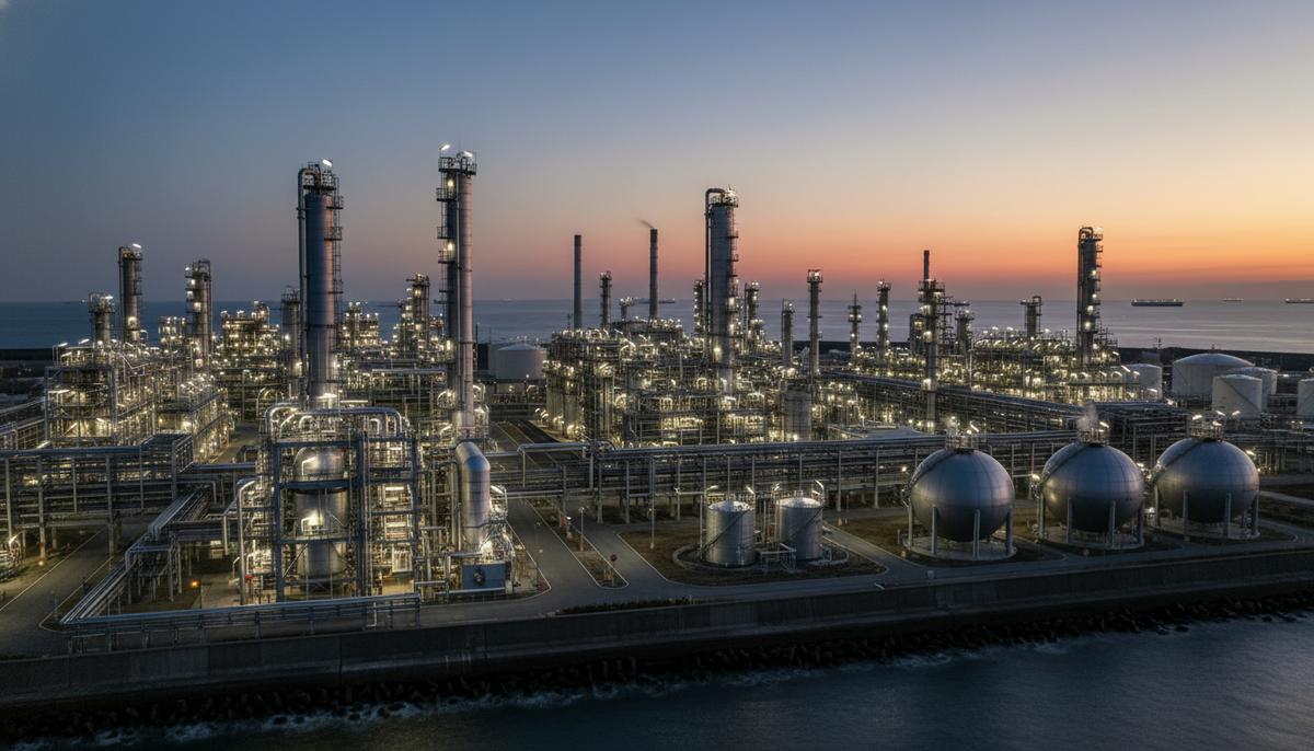 Промышленный пейзаж современного нефтехимического завода с трубами и ректификационными колоннами на побережье Японии в сумерках.