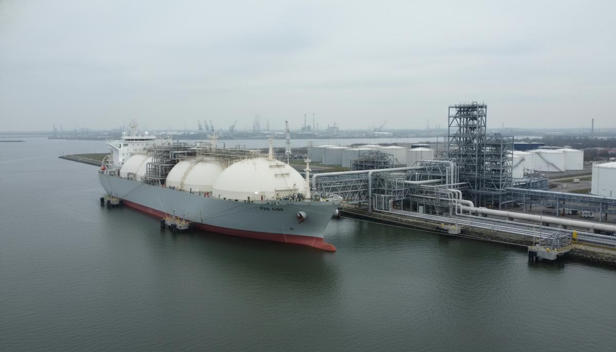 Плавучий СПГ-терминал (FSRU) в промышленном порту Влиссинген-Ост, соединенный с берегом системой трубопроводов.