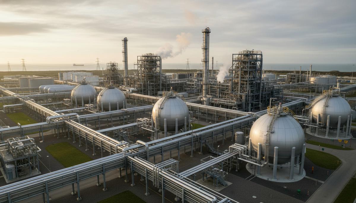 Газоперерабатывающий терминал CATS в Тиссайде, Великобритания. Вид на промышленные установки, сеть трубопроводов и резервуары.