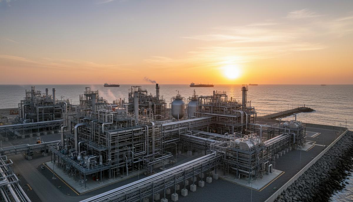 Современный завод по сжижению природного газа (СПГ), состоящий из модульных блоков и трубопроводов на побережье.