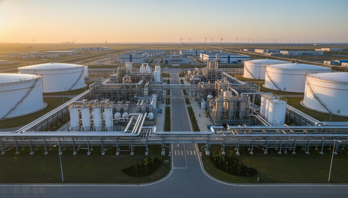 Современный завод по переработке пластика в топливо на рассвете. Видны стальные трубы, большие резервуары для хранения и технологические установки.