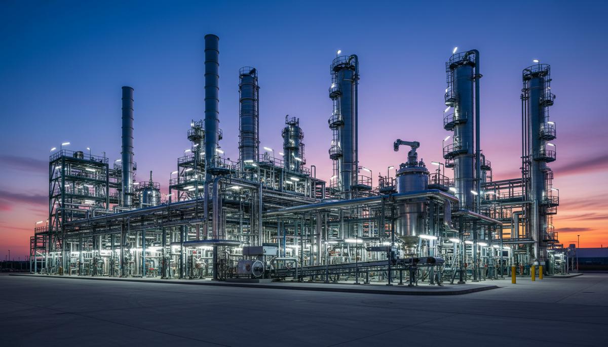 Промышленный пейзаж: ярко освещенный химический завод с переплетением труб и стальных конструкций в сумерках.