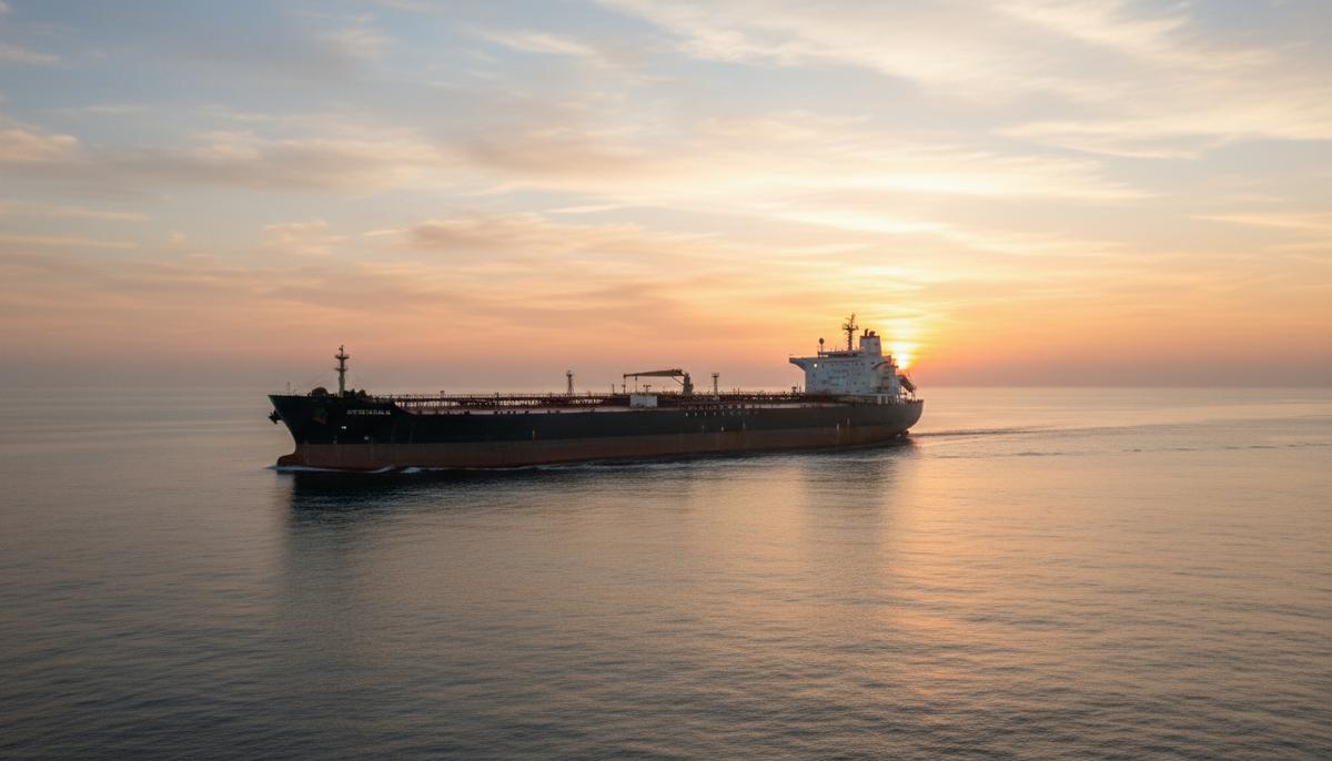 Огромный нефтяной танкер, груженый сырой нефтью, плывет по спокойной глади океана на рассвете.
