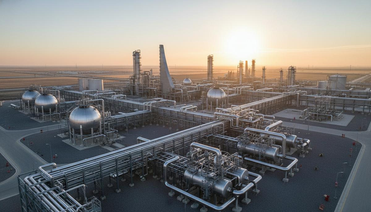 Масштабный газоперерабатывающий комплекс с сетью промышленных трубопроводов и резервуаров на рассвете.