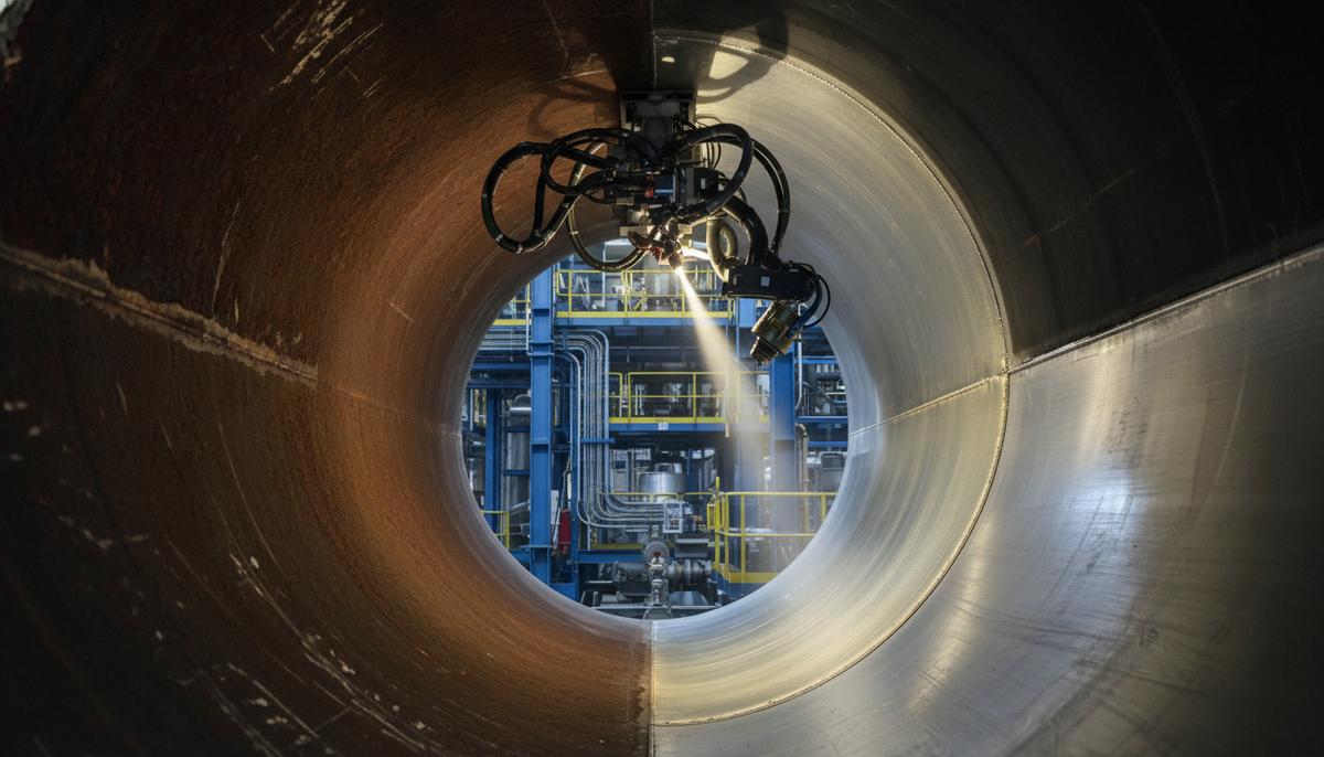 Внутренняя поверхность крупногабаритной промышленной трубы, на которую роботизированный комплекс наносит антикоррозийное покрытие.