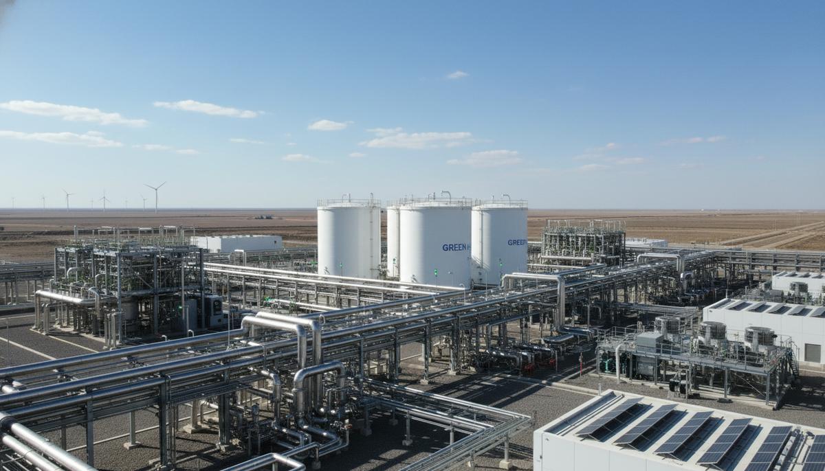 Bilfinger поможет BP построить крупнейший завод зеленого водорода в Германии Современный завод по производству зеленого водорода: промышленное здание, сеть трубопроводов и резервуары для хранения.