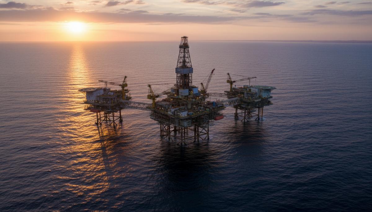 Морская нефтегазовая разведочная платформа в Атлантическом океане у побережья Намибии на закате.