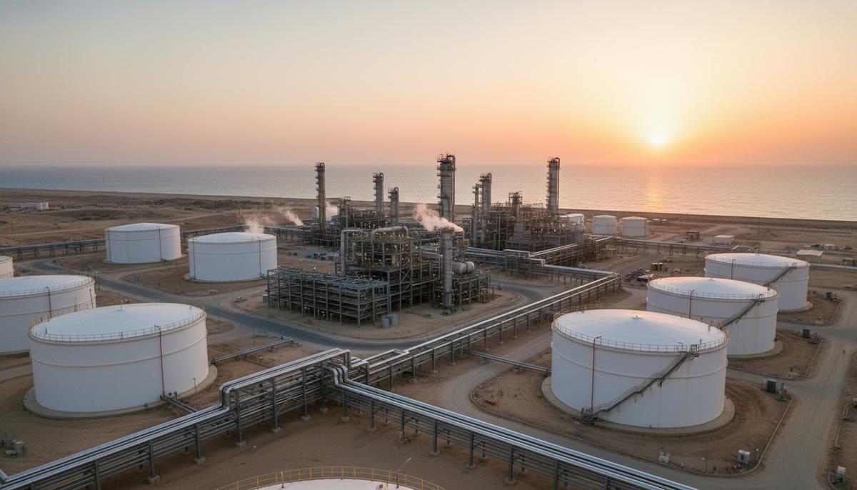 Новый нефтехимический комплекс с трубопроводами и резервуарами на побережье в специальной экономической зоне Дукм, Оман.