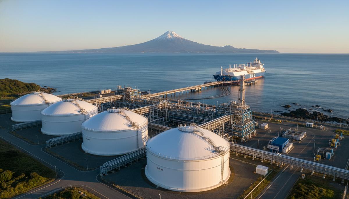 Терминал для импорта сжиженного природного газа с резервуарами для хранения и танкером у причала на побережье.