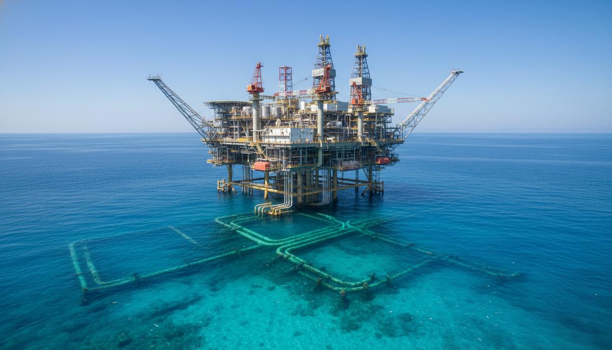 Морская газодобывающая платформа в Средиземном море с элементами подводного трубопровода на морском дне.