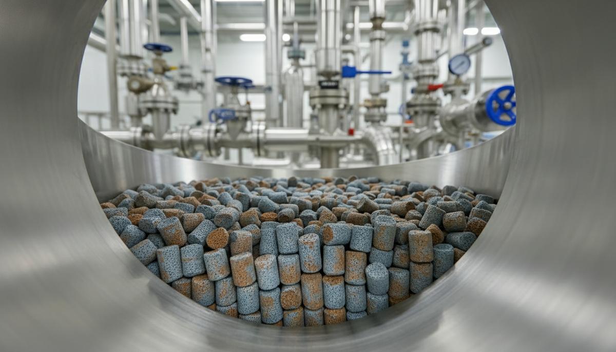 Крупный план гранул катализатора внутри современного промышленного реактора из нержавеющей стали с трубами и клапанами.
