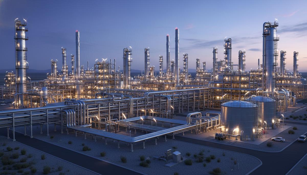 Современный нефтеперерабатывающий завод с комплексом трубопроводов и ректификационных колонн, освещенный в сумерках.