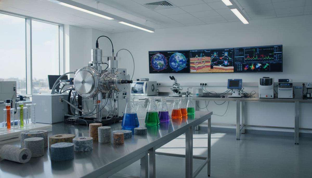 Современная геохимическая лаборатория с образцами горных пород, колбами с реагентами и аналитическим оборудованием на столах.