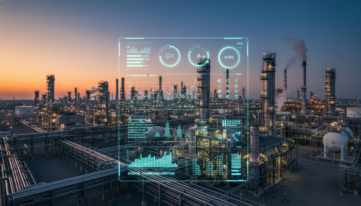 Современный нефтеперерабатывающий завод в сумерках с подсвеченными трубами и цифровым интерфейсом с графиками на переднем плане.