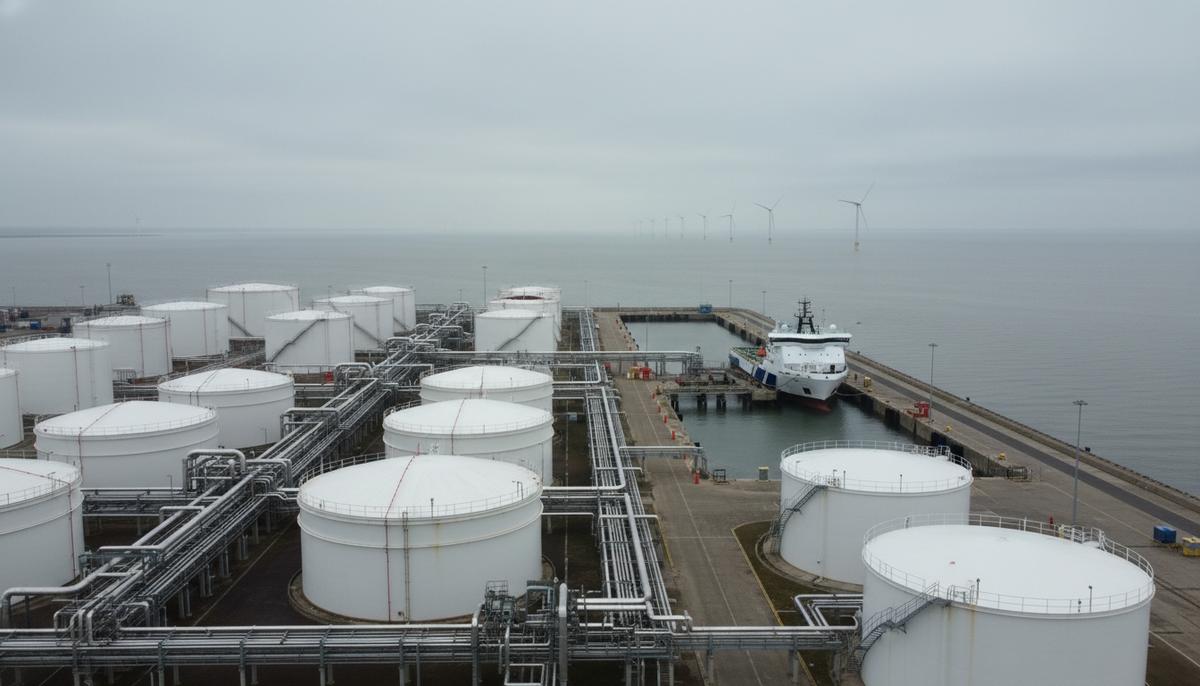 Крупные белые резервуары для хранения топлива и трубопроводы в промышленном морском порту. У причала пришвартовано сервисное судно.