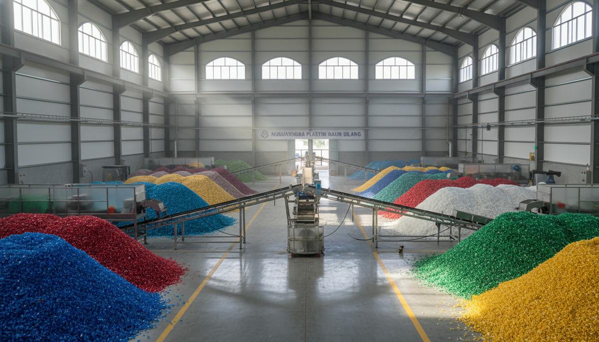 Современный завод по переработке пластика с конвейерными лентами и отсортированными пластиковыми отходами.