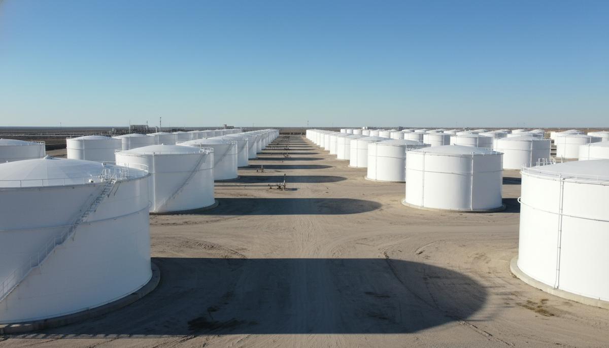 Огромные белые резервуары для хранения нефти, стоящие рядами на нефтехранилище под ясным небом.