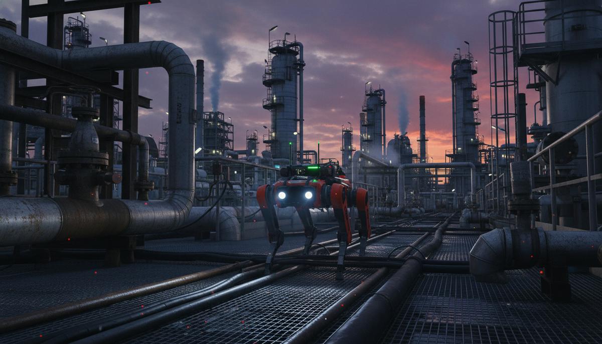 Четырехногий инспекционный робот на территории нефтеперерабатывающего завода среди сложной системы труб и промышленного оборудования.