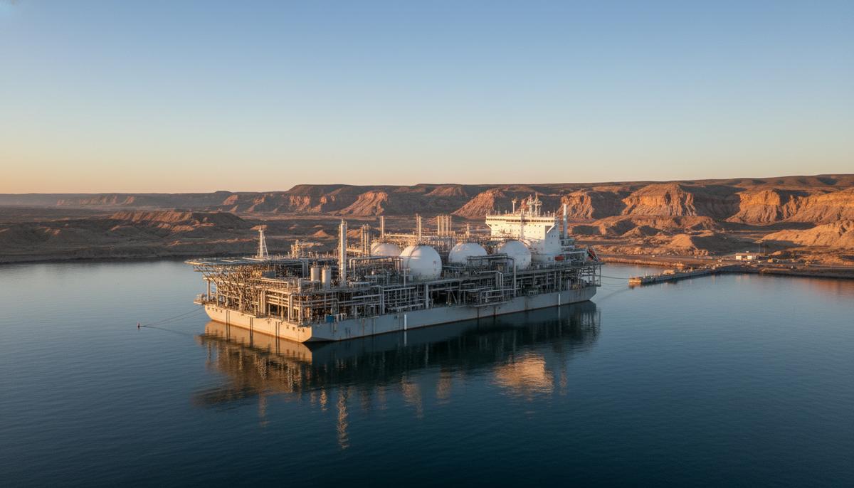 YPF, Eni и XRG подписали соглашение по проекту Argentina LNG Плавучий завод по производству СПГ (FLNG) на якоре в заливе на фоне скалистого, пустынного побережья Аргентины.