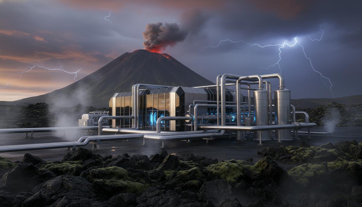 Датская Dynelectro поставит электролизеры для завода Syntholene в Исландии Современный завод по производству синтетического топлива с трубами и электролизерными установками в суровом вулканическом пейзаже Исландии.