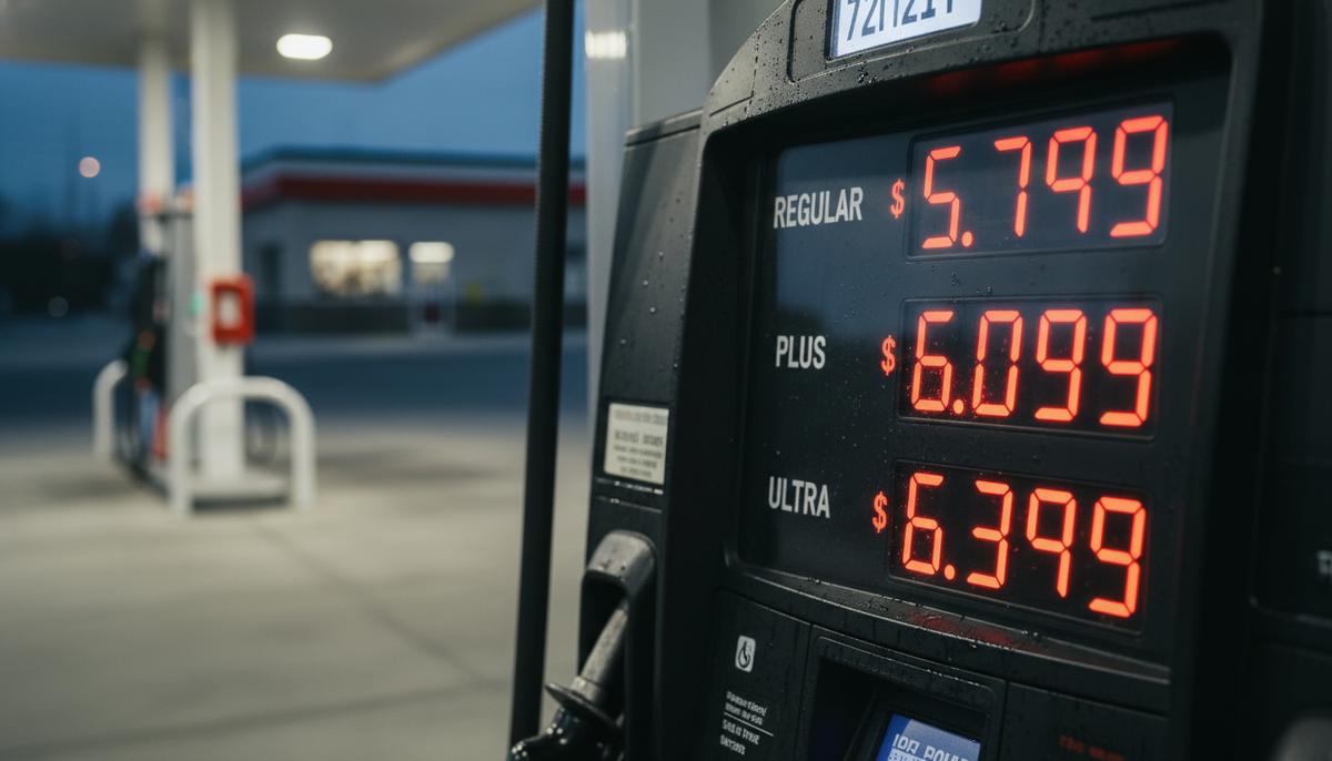 В США выросли налоги на бензин: Калифорния остается лидером по ставкам Крупный план цифрового табло на бензоколонке, показывающего высокие цены на топливо. Автозаправочная станция без людей.