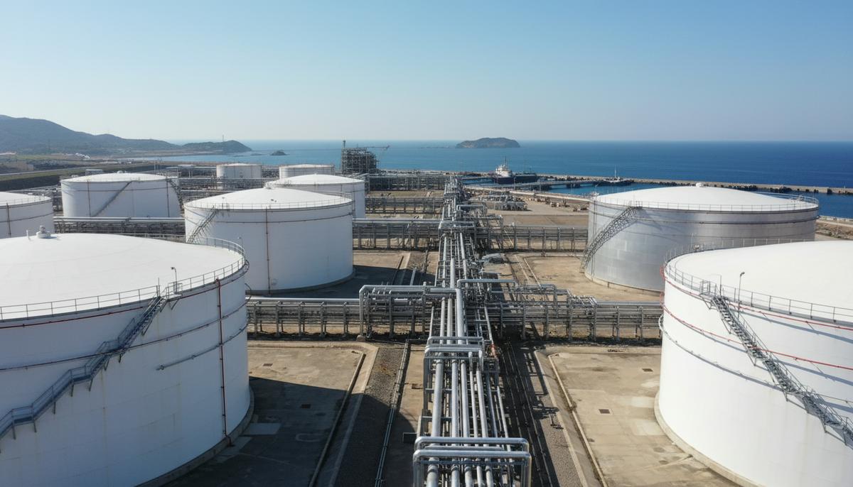 Британия запускает Неделю карьеры для сектора хранения энергоресурсов Массивные цилиндрические резервуары для хранения нефти и газа в прибрежном промышленном порту, соединенные сетью трубопроводов.