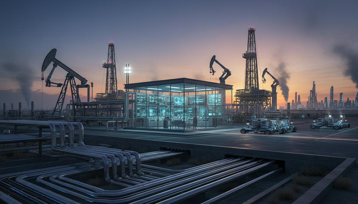 Современная нефтегазовая установка в сумерках. Сверкающие трубопроводы, цифровые панели управления и автоматизированное оборудование.