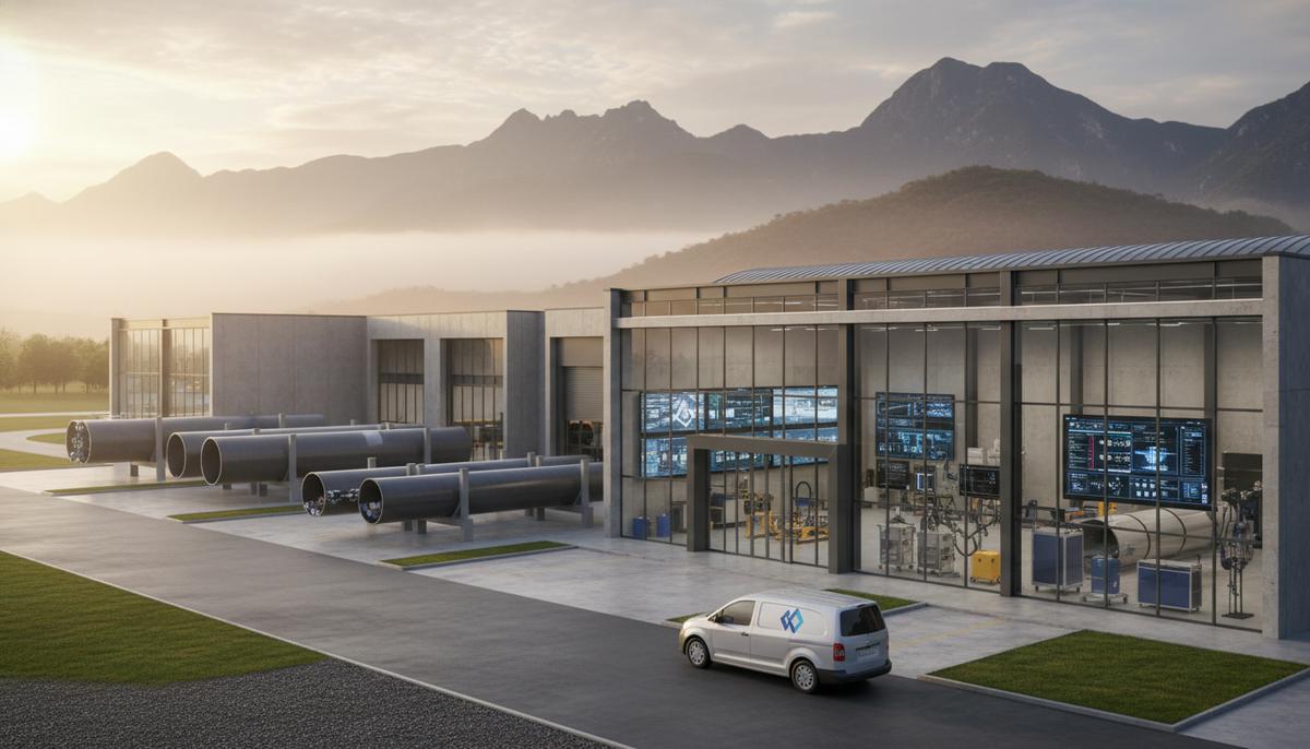 Современный объект для инспекции трубопроводов на фоне Андских гор в Колумбии на рассвете.