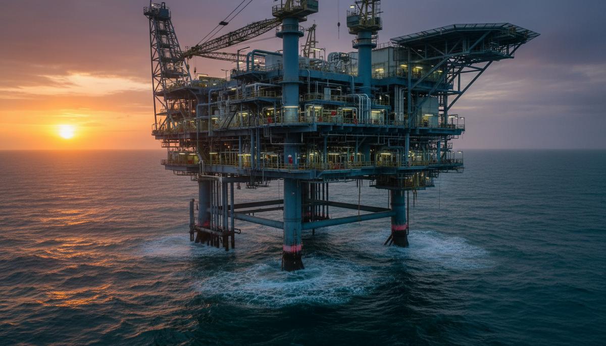 Морская нефтегазовая платформа на закате, вид на стальные опоры и трубопроводы с новым защитным покрытием от коррозии.