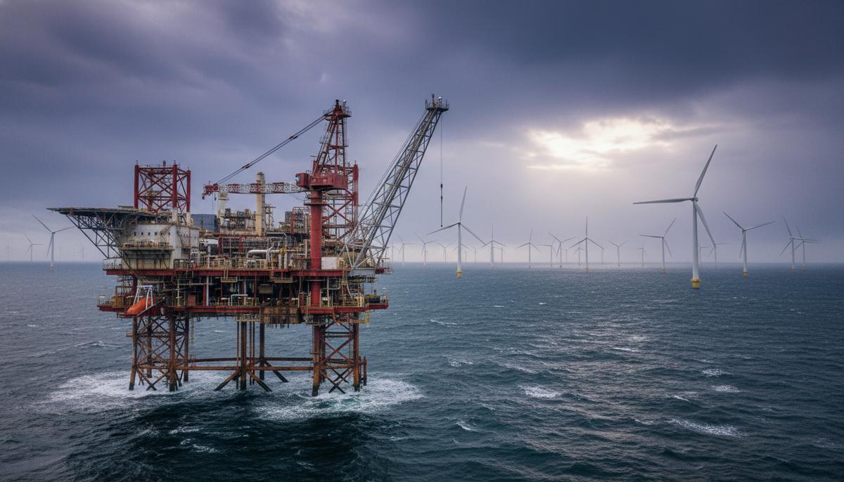Нефтегазовая платформа в Северном море на фоне морской ветряной электростанции под пасмурным небом.