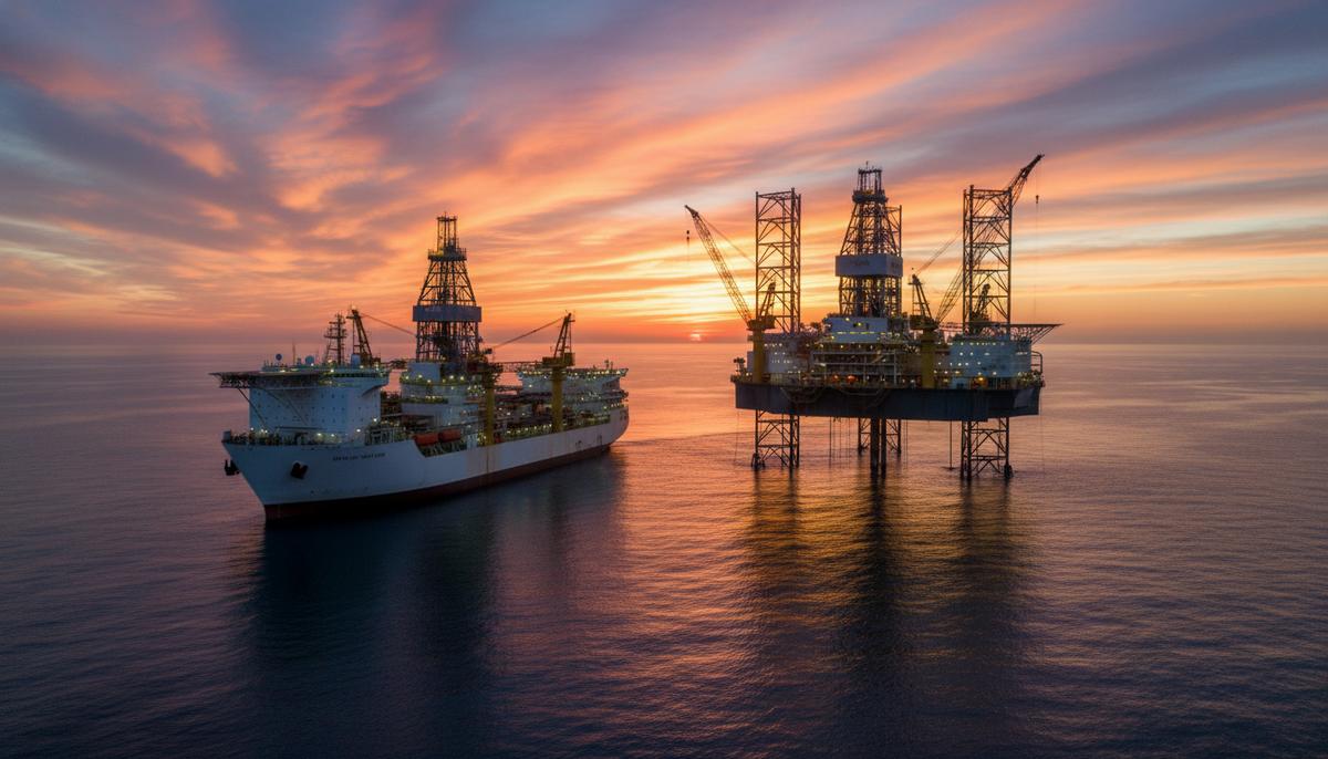 Transocean приобретает Valaris за $5,8 млрд, создавая лидера морского бурения Ультраглубоководное буровое судно и полупогружная буровая установка в открытом море на фоне заката, вид с воздуха.