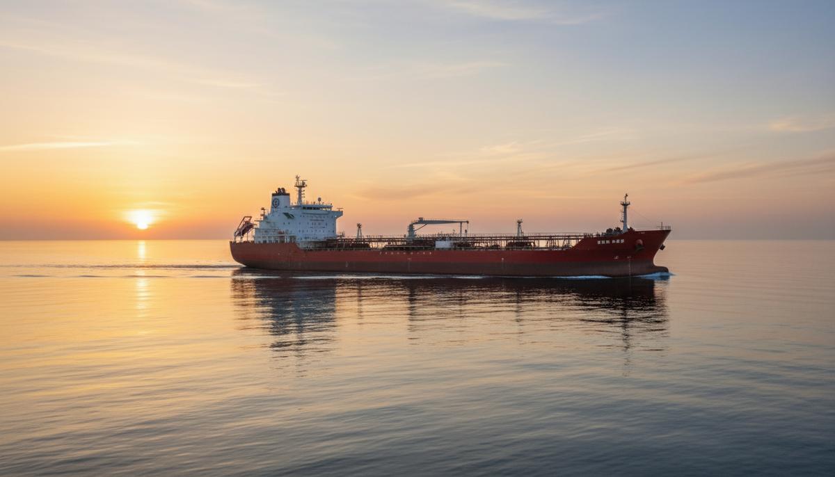 Крупный современный танкер для перевозки нефтепродуктов в открытом море на рассвете. Судно на фоне морского горизонта.