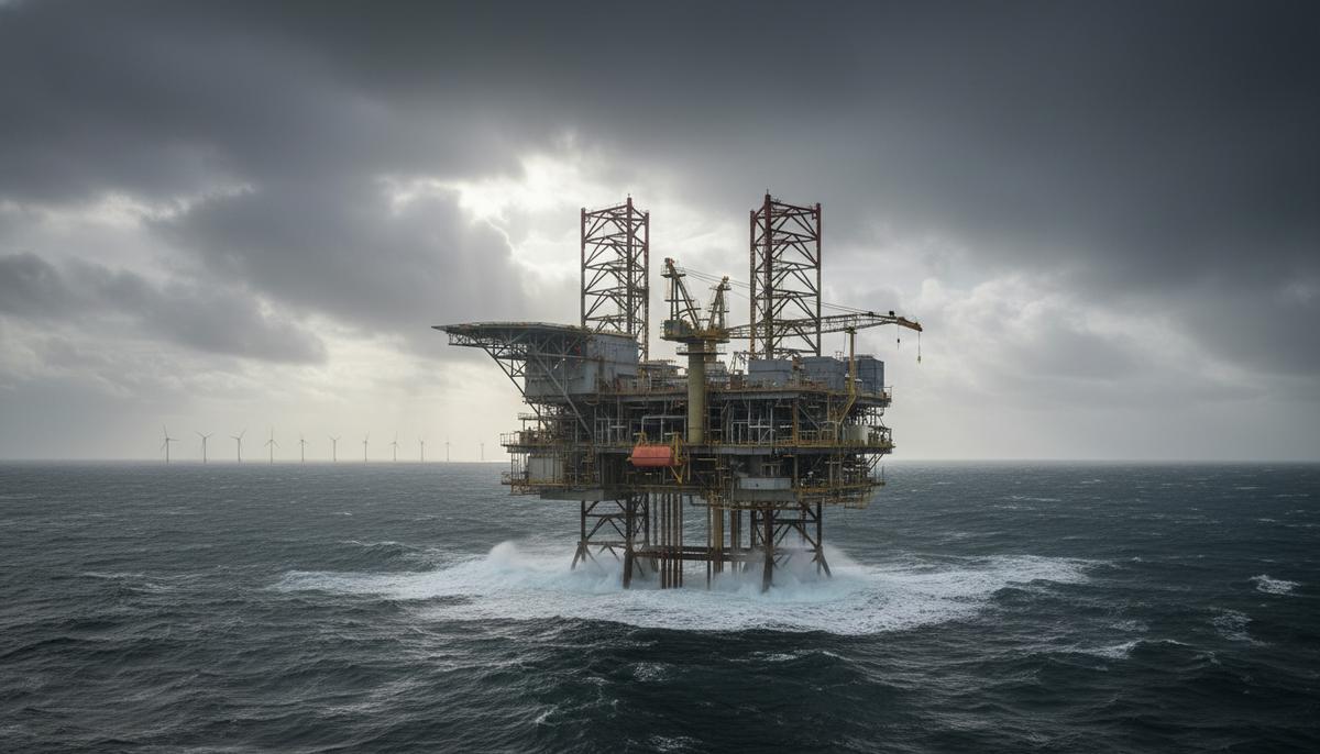 Морская нефтегазовая платформа в Северном море на фоне ветряных турбин на горизонте.