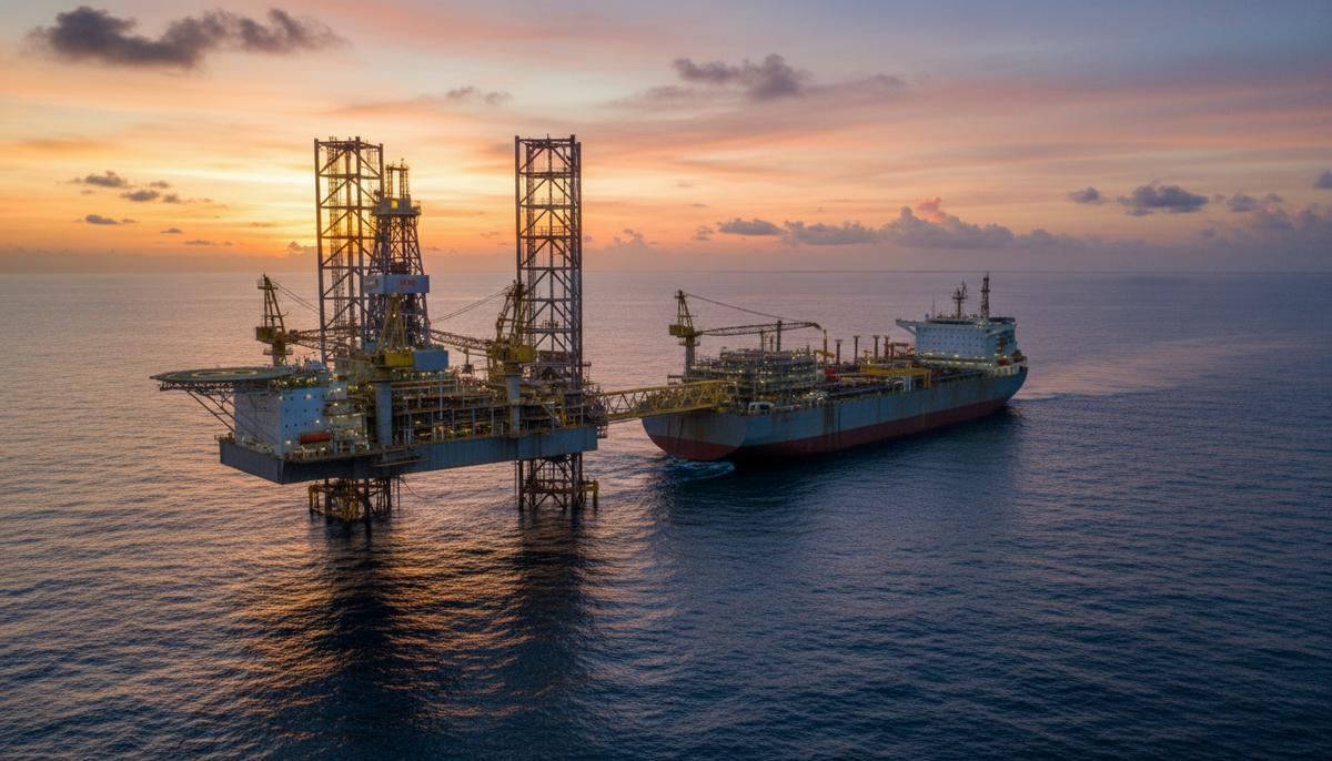 Eni объявила о крупных месторождениях нефти и газа в Кот-д'Ивуаре и Анголе Морская буровая платформа и плавучая установка для добычи, хранения и отгрузки нефти (FPSO) в океане на закате у побережья Африки.