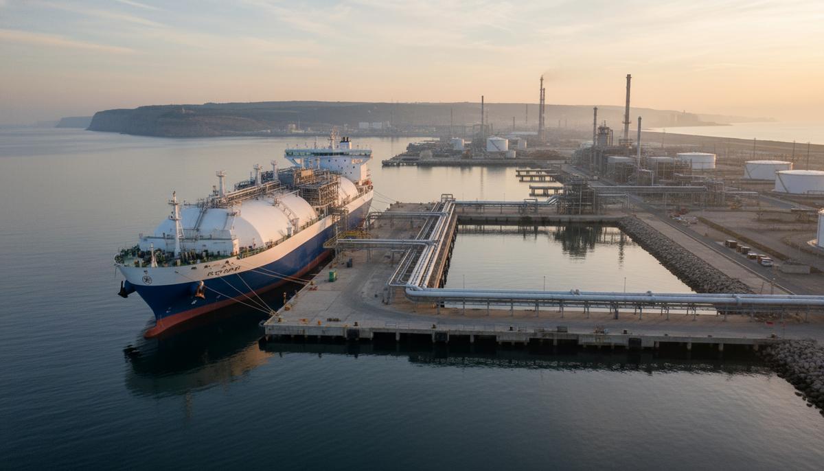 Современный СПГ-терминал с плавучей регазификационной установкой у причала и береговой инфраструктурой на фоне моря.