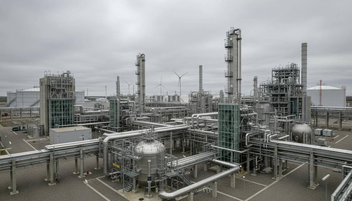 В Британии построят завод по производству авиатоплива из CO2 и сточных вод Современный промышленный комплекс по производству экологичного авиатоплива. Сеть стальных труб, реакторов и цистерн.