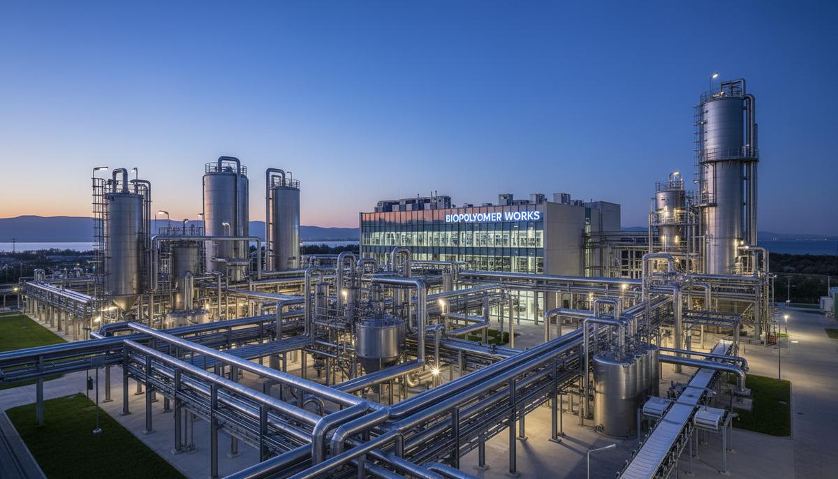 Современный химический завод с переплетением блестящих стальных труб, реакторов и промышленных установок на закате.