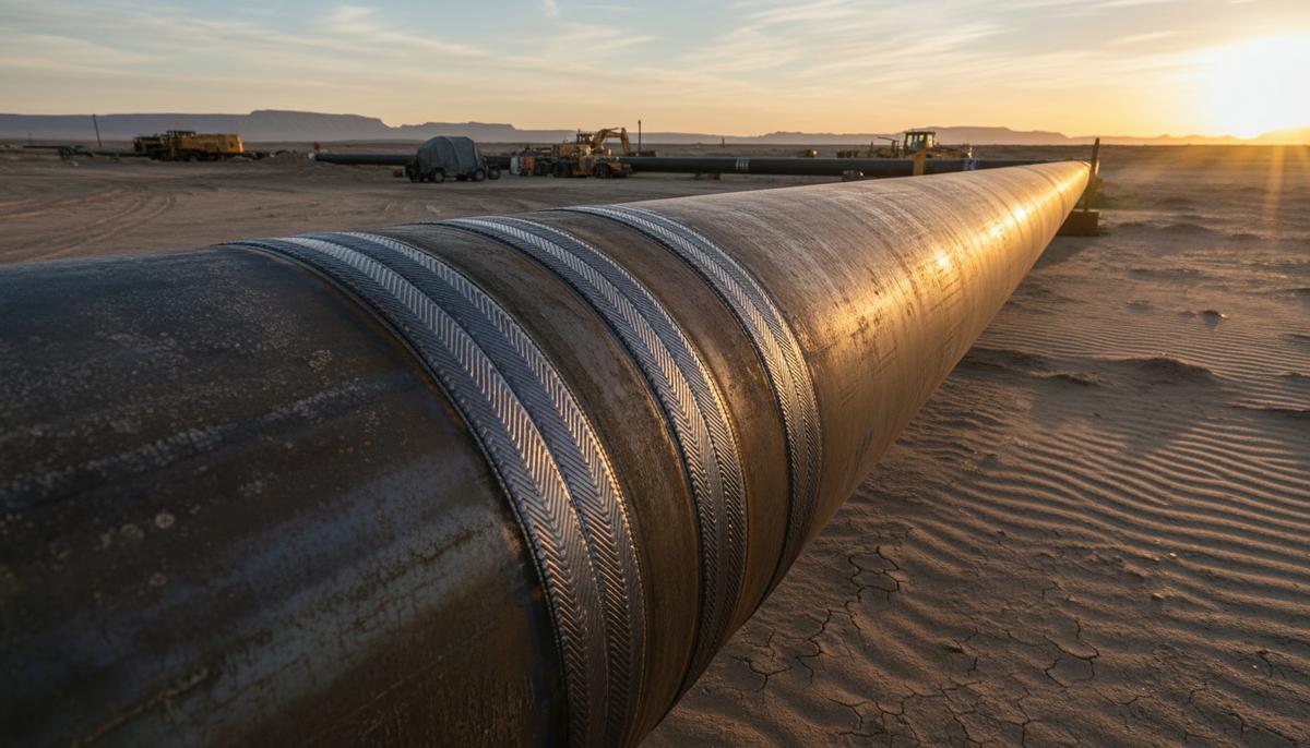 Крупный промышленный трубопровод с новыми сварными швами, проложенный через пустынную местность на рассвете.