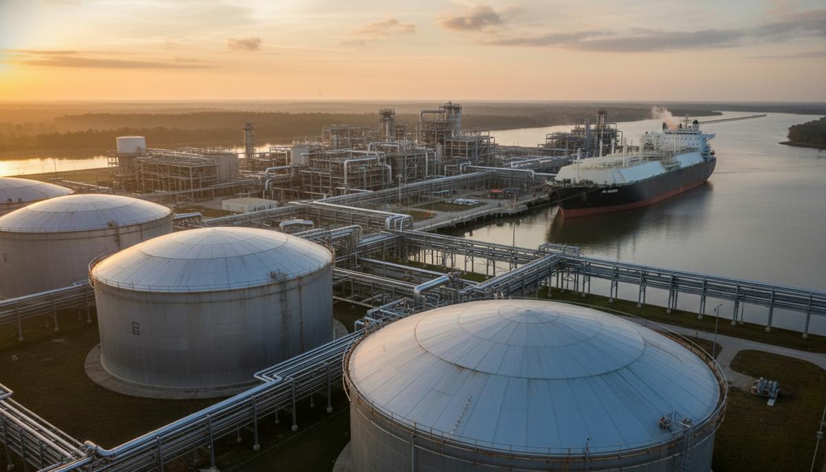 США: как сланцевая революция сделала страну лидером по экспорту СПГ Крупный терминал по экспорту СПГ на рассвете, хранилища сжиженного газа, трубопроводы и пришвартованный газовоз.