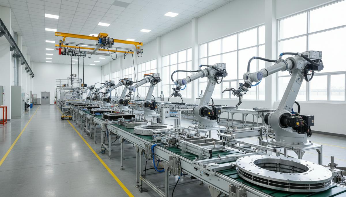 Современный заводской цех с автоматизированной линией по производству промышленных теплообменников из нержавеющей стали.