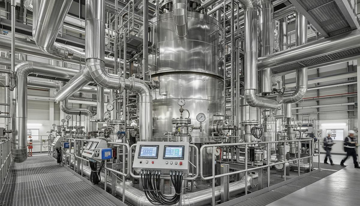 Фрагмент современного нефтеперерабатывающего завода: стальные трубы, реакторы и оборудование каталитической установки крупным планом.