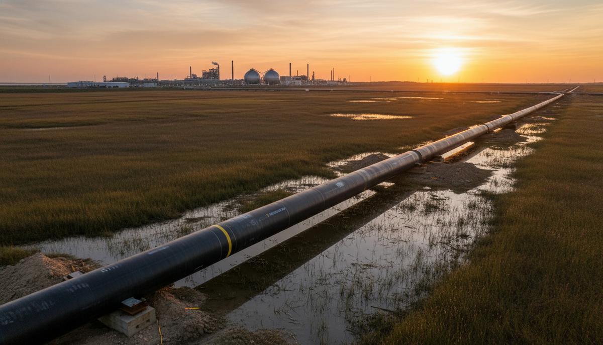 Новый магистральный газопровод в болотистой местности на побережье Мексиканского залива. На дальнем плане расположен промышленный комплекс СПГ-завода.