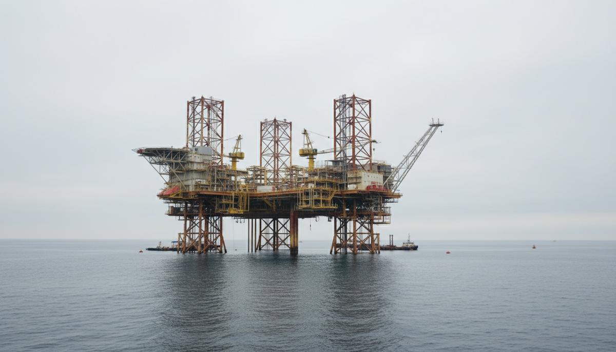 Массивная морская нефтегазовая платформа с признаками износа в спокойном море под пасмурным небом, символизирующая зрелость отрасли.
