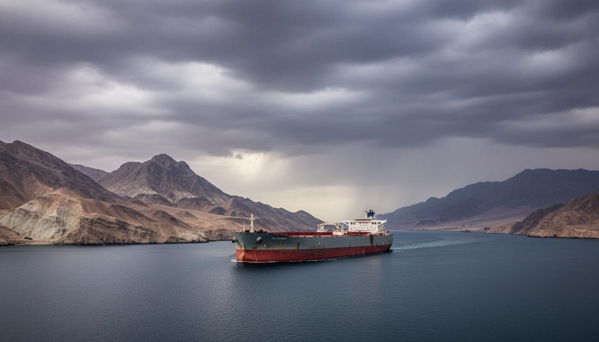 Огромный нефтяной танкер проходит через узкий Ормузский пролив на фоне скалистых пустынных берегов под напряженным небом.