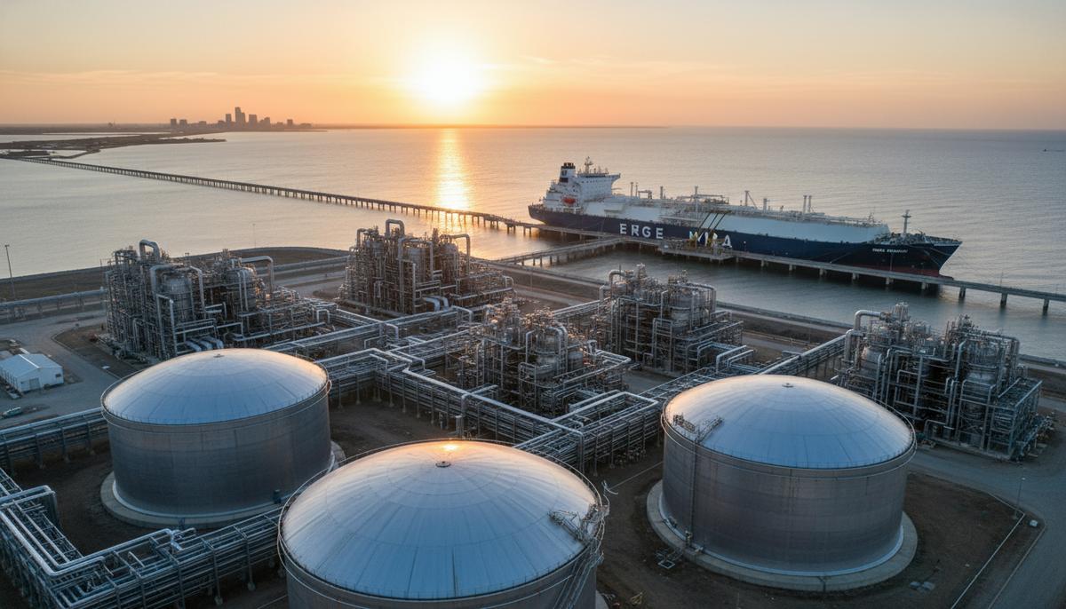 СПГ-терминал в Корпус-Кристи с резервуарами для хранения сжиженного газа и газовозом у причала на рассвете.