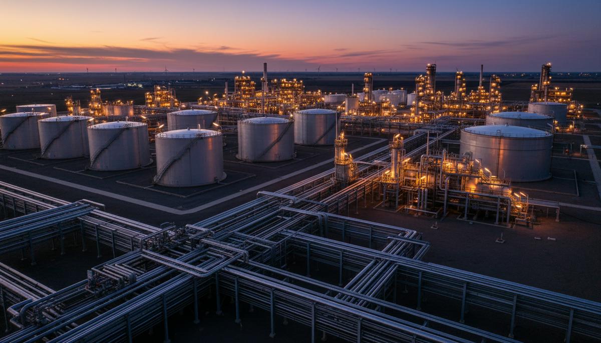 НПЗ США требуют от EPA ясности по правилам для летнего бензина Нефтеперерабатывающий завод на Среднем Западе США на закате. Видны промышленные установки, трубопроводы и резервуары.